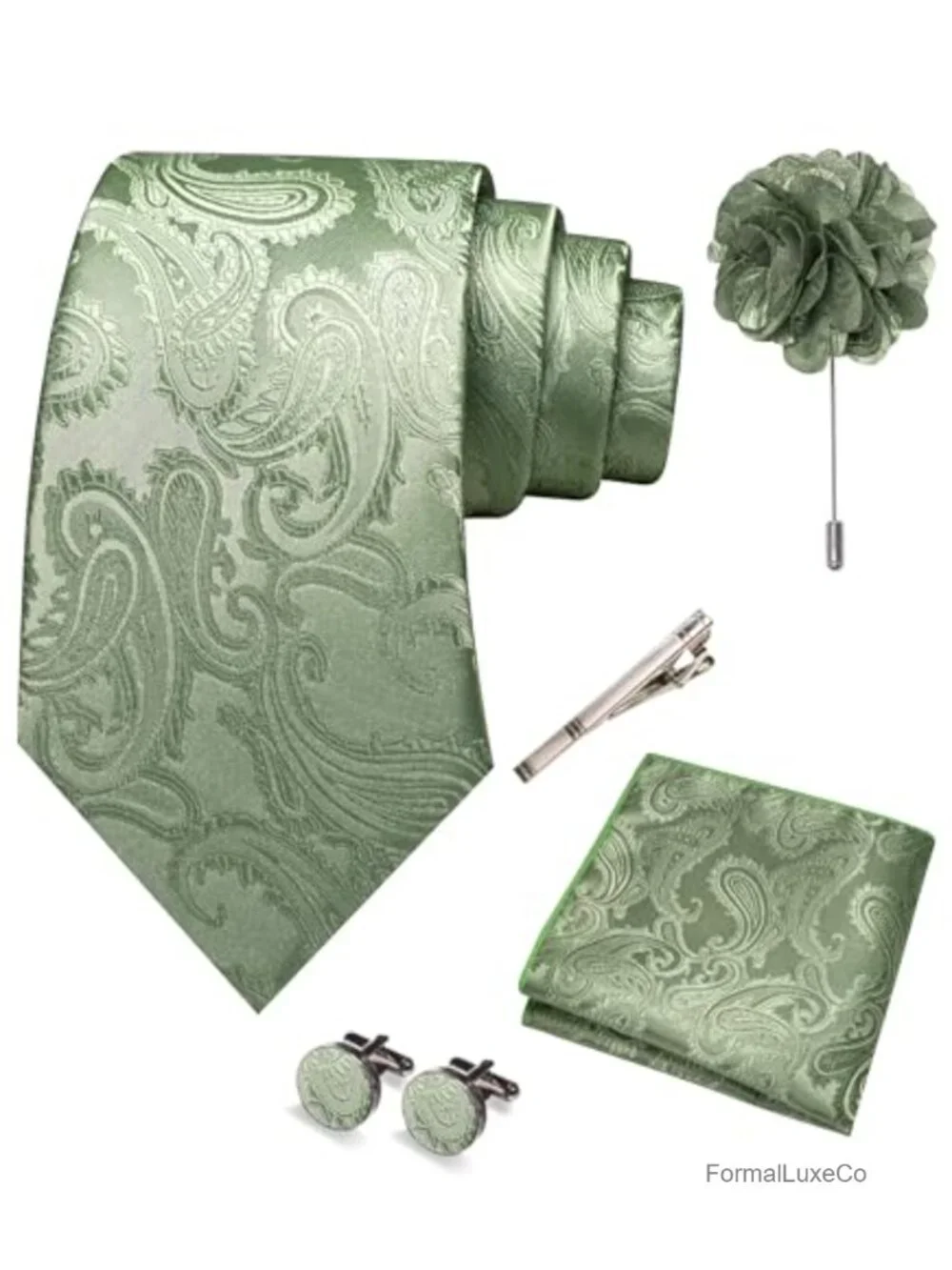5 Piece Mens Tie Set with Pocket Square Lapel Pin Cufflinks Tie Clip Silk Blend